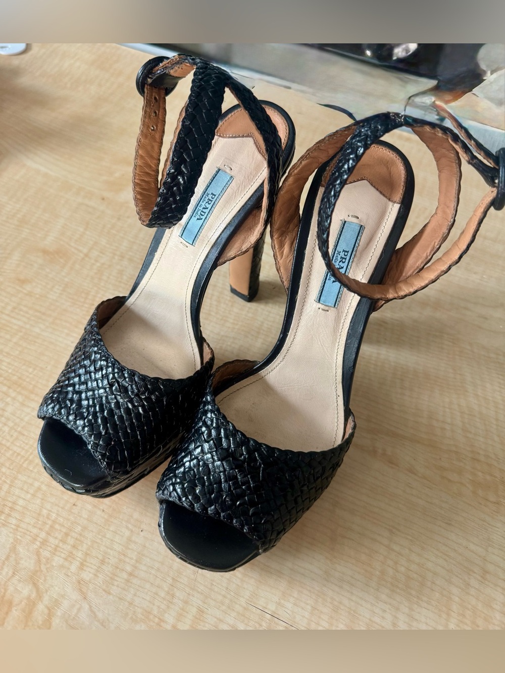 PRADA Woven Leather Platform Ankle Strap Heels Black Size 39 Restored